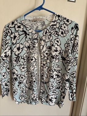 LOFT Light Blue and Black Floral Knit Top